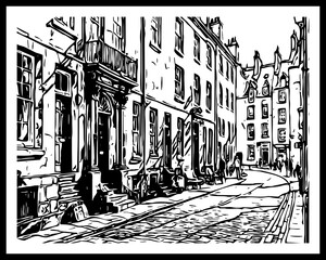 City Architecture. Black and white illustration. Printable pattern for wall decorations.