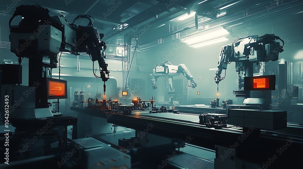 Poster two robotic arms working on an assembly line in a futuristic factory.