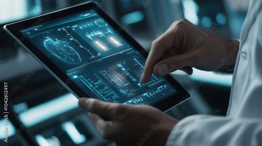 Aufkleber a person in a lab coat interacts with a digital tablet displaying advanced medical data and graphics