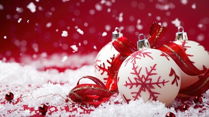  Christmas decoration on red background - a festive and vivid sight. This image presents beautiful Christmas decorations against a bright red backdrop, exuding holiday spirit and charm.