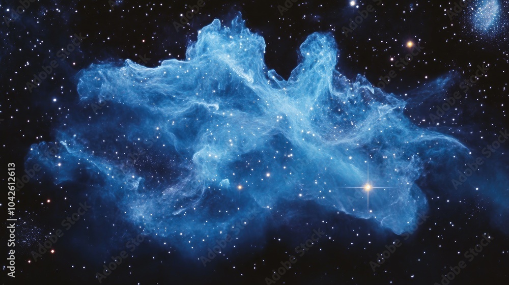 Poster abstract galaxy scene featuring glowing blue nebula clouds and a cluster of stars in deep indigo, cr