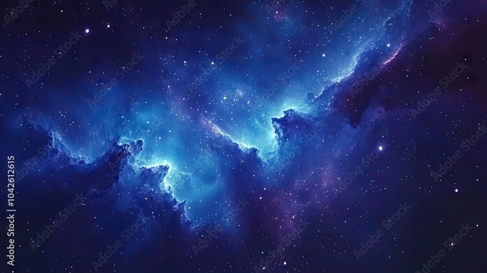 Poster abstract galaxy scene featuring glowing blue nebula clouds and a cluster of stars in deep indigo, cr