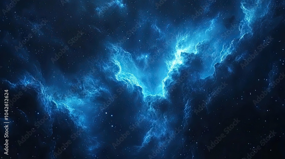 Poster abstract galaxy scene featuring glowing blue nebula clouds and a cluster of stars in deep indigo, cr