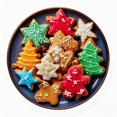 colorful holiday cookies on plate isolated