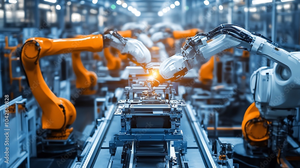 Poster automated robotic arms working on a car assembly line in a modern factory.