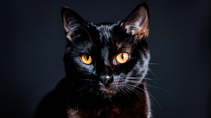  a black cat with piercing amber eyes against a dark backdrop. 