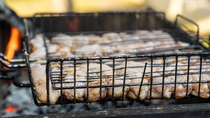 Chiken on the grill against the background of hot coals in the grill - paleo food photography.Delicious chiken steak, hot barbecue grill.Roasted chiken leg Grilled, BBQ. Barbecue, picnic in nature