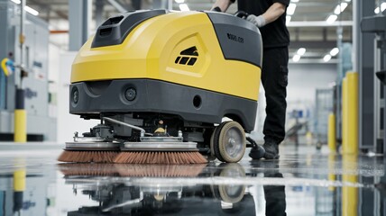 a yellow and black industrial-grade floor scrubber in use. 