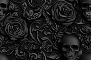 Gothic seamless background with dark roses and skulls, creating a moody and dramatic repeating pattern