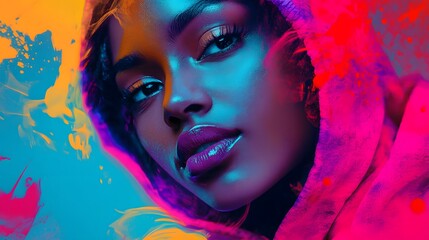 Colorful portrait of cool woman with dark skin wearing hoodie. 
