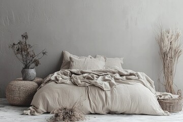 Cozy bedroom with neutral tones, soft bedding, and dried flowers for a serene ambiance.