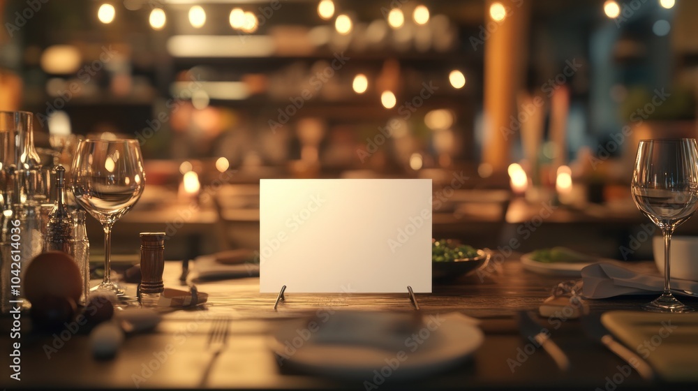 Poster a dining table set with empty plates, glasses, and a blank card for menu or reservation.