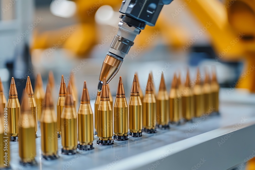 Poster a robotic arm is placing a bullet into a line of other bullets in a factory.