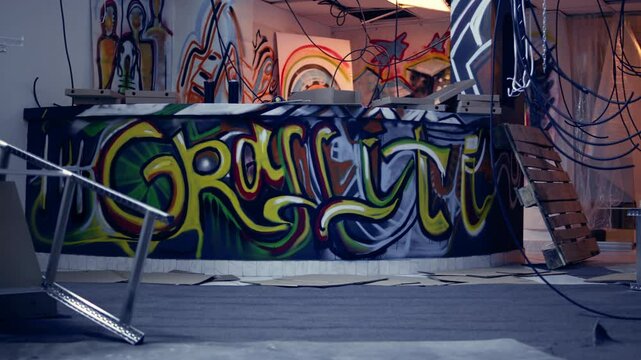 Empty destroyed infrastructure with graffiti street art on walls, concept of alternative lifestyle. Messy base of operations used by hooligans to hangout and commit illegal activities, panning shot