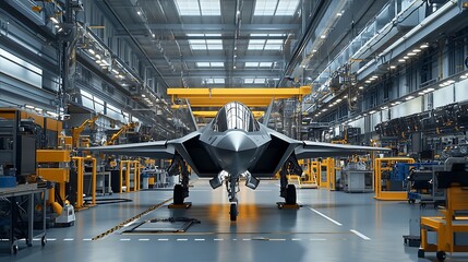 A stealth fighter jet stands on the production line in a large factory.