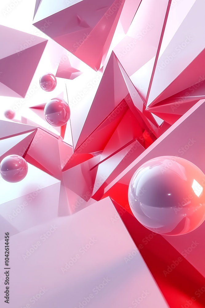 Leinwandbilder A vibrant, abstract composition featuring geometric shapes and spheres in shades of red and white, creating a dynamic and modern visual experience.