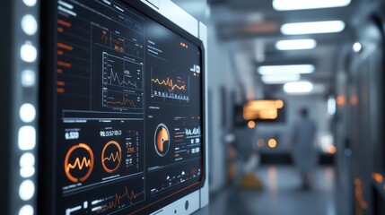 A futuristic display shows data metrics in a high-tech environment, with glowing graphs and monitors lining a modern corridor.