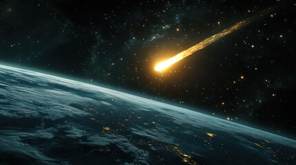 Obraz premium A glowing comet is approaching Earth. Realistic comet surface. Earth's continents visible in the distance. Bright cosmic light. Sharp details.