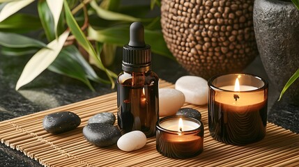 Essential Oil Bottles with Candles and Stones Display