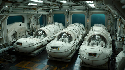 Spaceship Interior with Astronauts in Cryosleep Pods 3D Illustration