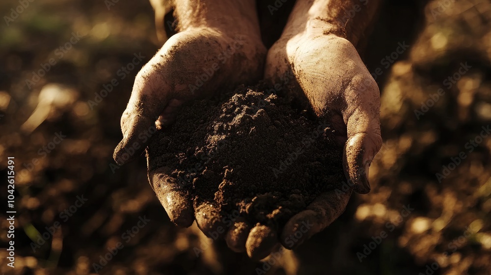 Wall mural Close-up of a farmer hands gently holding rich, dark soil in the sunlight, symbolizing the foundation of life and growth.