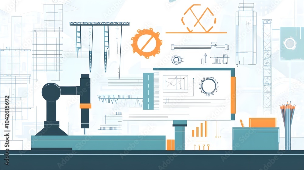 Poster modern architecture blueprint design with robot arm and geometric shapes