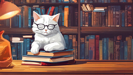 A white cat wearing glasses rests on a pile of books, combining cuteness with an intellectual flair.