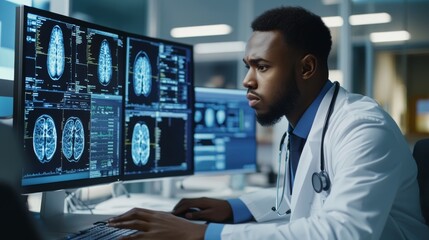 Fototapeta premium A doctor analyzes brain scans on multiple monitors in a high-tech medical environment.