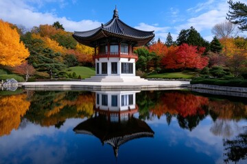 Naklejka premium Hyper-realistic reflection of the gardenâ€™s pavilion in the pond, capturing every detail of the water, architecture, and surrounding greenery