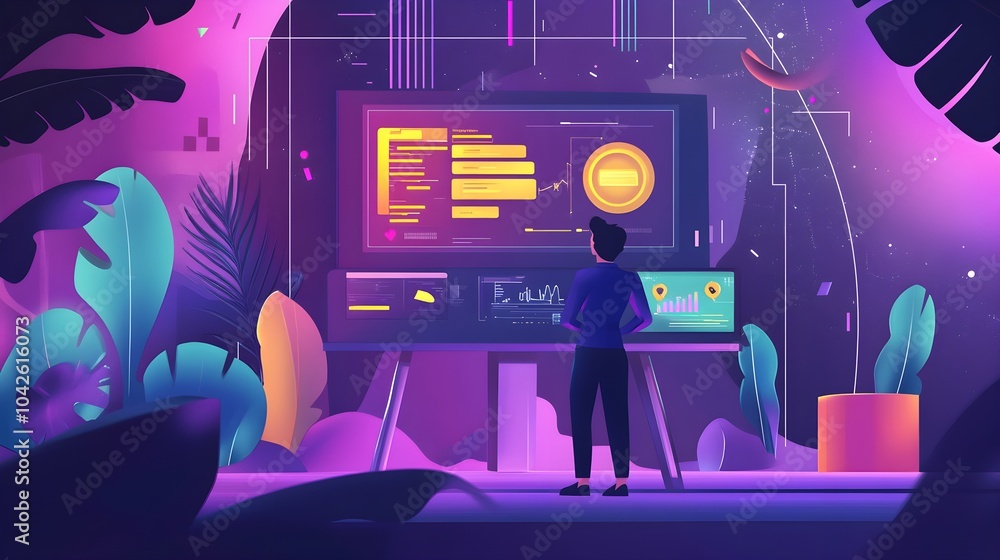 Poster man analyzing data on screen with futuristic interface and neon colors