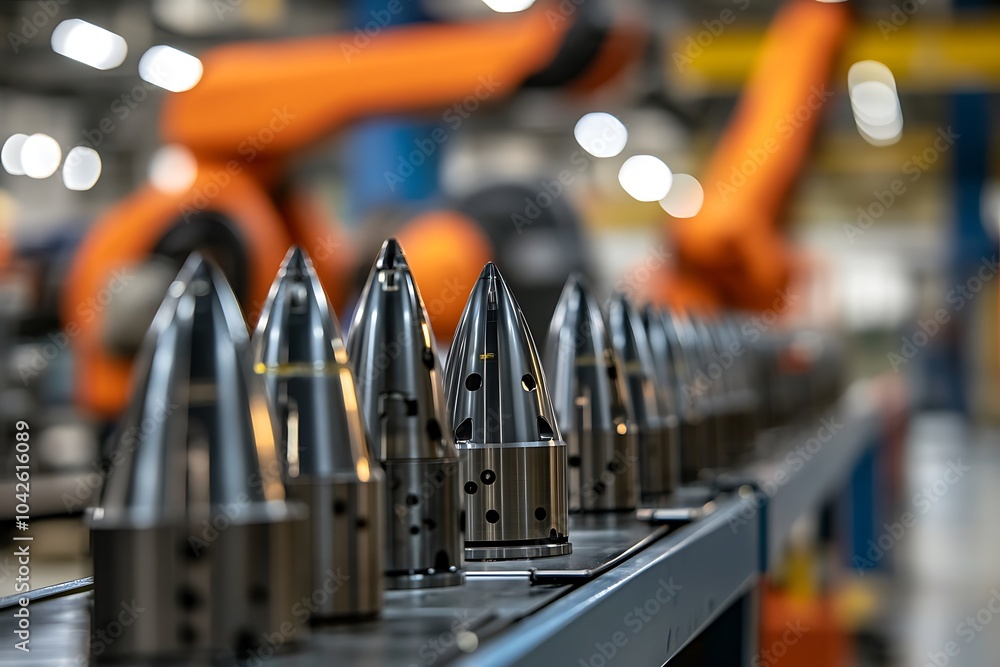 Poster a row of shiny metal parts on a conveyor belt in a factory with an orange robot arm in the backgroun