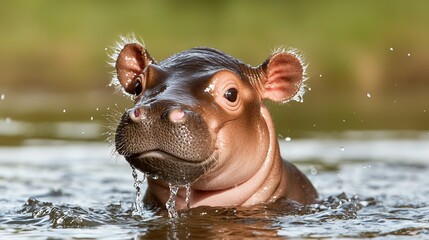 Fototapeta premium Adorable baby hippo splashing water with its mouth, hippo squirting water, cute and playful