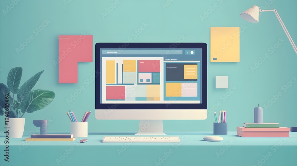Poster modern minimalist desktop setup with computer keyboard and mouse