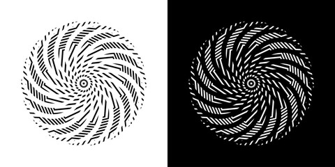 Abstract background with abstract line pattern in circles. Spiral art design as a logo or icon. A black figure on a white background and the same white figure on a black side. Mandala design with line