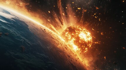Fototapeta premium A hyper-realistic comet collision with a planet, shockwave bursting into space, detailed textures of the impact, cinematic lighting, 32K resolution