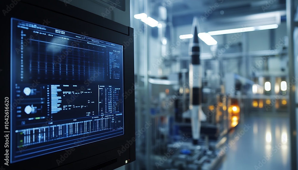 Poster close up of a computer monitor displaying data, with a rocket in the background.