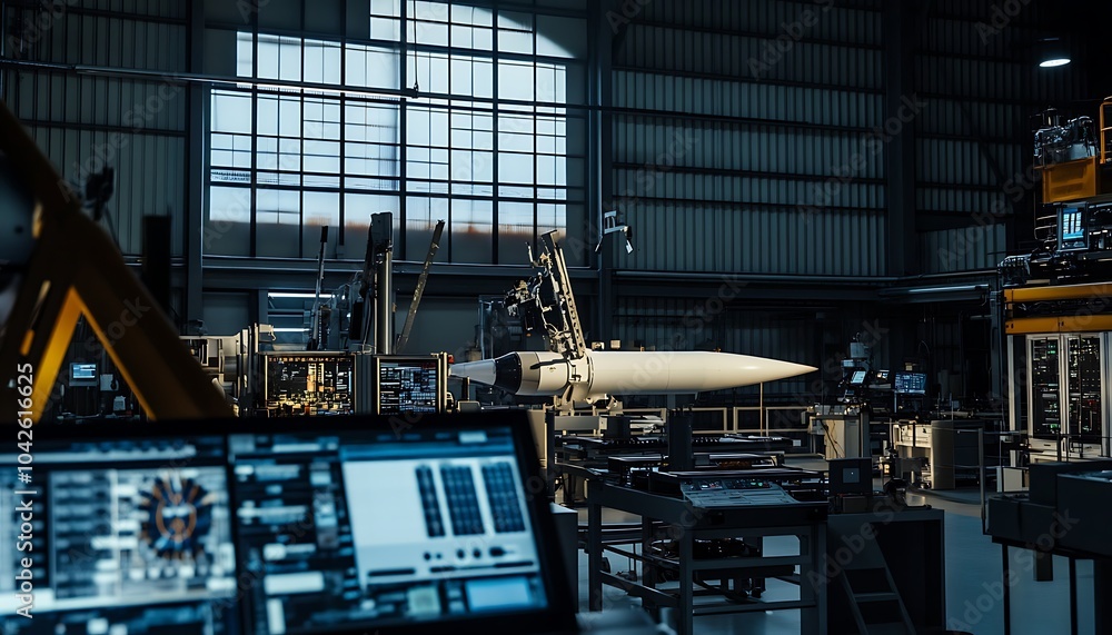 Poster a large, white rocket nose cone is being assembled inside a manufacturing facility. the rocket nose 