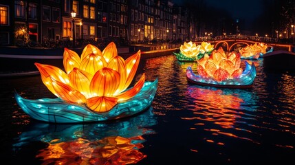 A vibrant light festival in Amsterdam, where the city is transformed into an open-air gallery with glowing art displays and creative light sculptures along the canals.