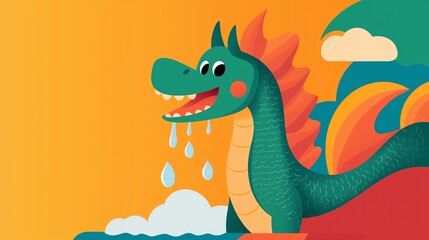 Obraz premium Cartoon dragon breathing water instead of fire, creating a splash, dragon squirting water, creative and cute