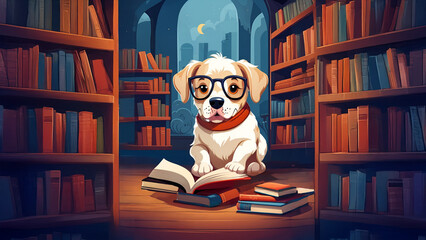 A dog wearing glasses sits attentively in front of a bookcase filled with books.