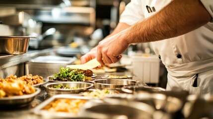 Chef preparing dishes in a busy kitchen, showcasing culinary skills and fresh ingredients.