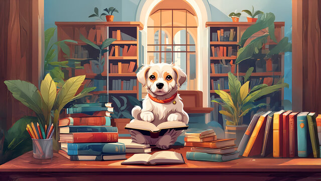Fototapeta A dog in glasses sits in front of a bookcase, highlighting a diverse selection of literature.