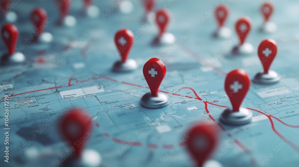 Poster a close-up view of a map with multiple red location pins marked with a white cross symbol, suggestin