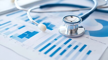 A stethoscope rests on a graph paper, symbolizing the connection between healthcare and data analysis in medical research and practice.