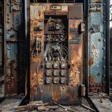 electrical terminal with twisted metal and broken panels, located in an old, abandoned power plant