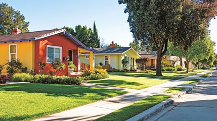 Obraz premium Colorful Homes on a Sunny Suburban Street