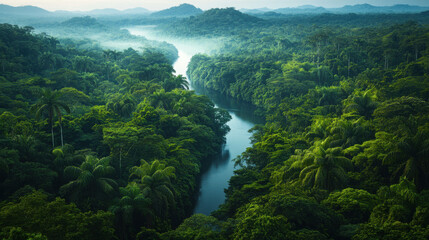Aerial View of River Winding Through Lush Rainforest