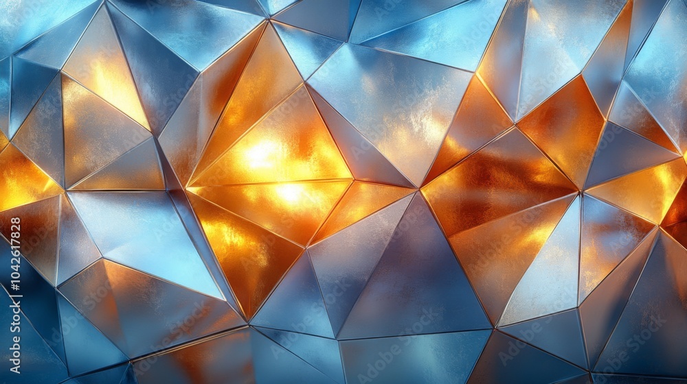 Leinwandbilder a vibrant display of geometric shapes created by metallic surfaces reflects blue and orange tones, c