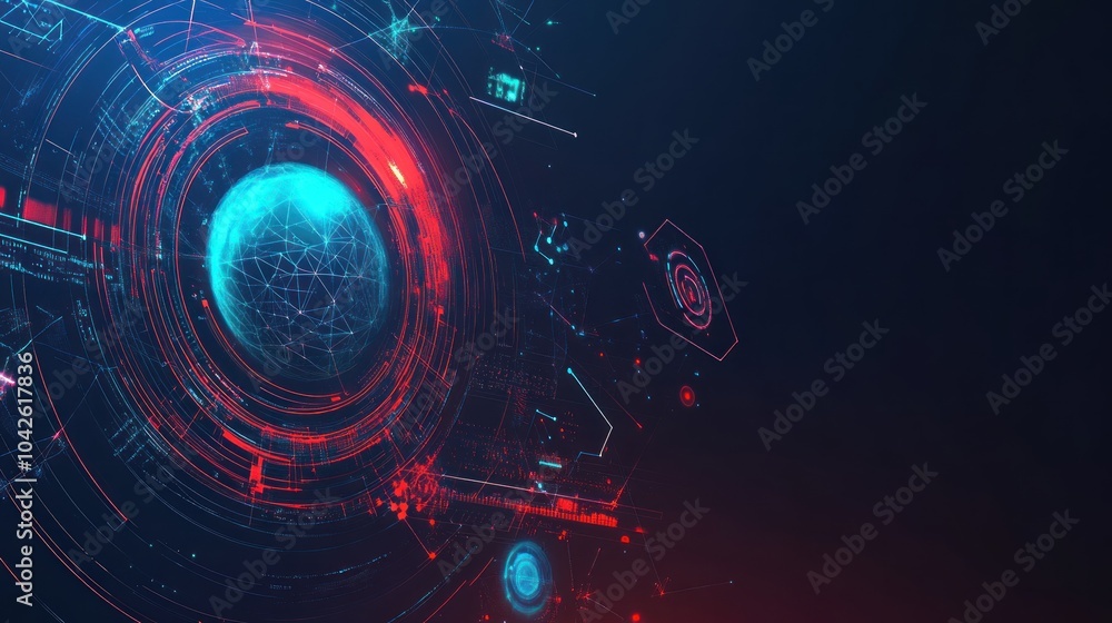 Poster futuristic digital interface showcasing a globe with data visualizations and technology elements.