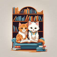 Two cats comfortably seated on bookshelves, amidst a collection of books, contributing to a warm and inviting environment.